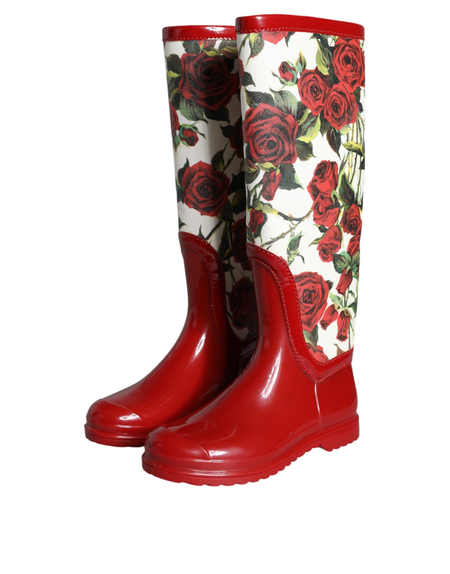 Dolce & Gabbana Red Floral Rubber Knee High Flat Boots Shoes Dolce & Gabbana