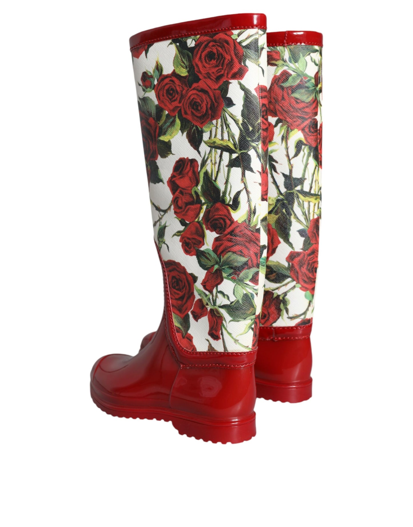 Dolce & Gabbana Red Floral Rubber Knee High Flat Boots Shoes Dolce & Gabbana