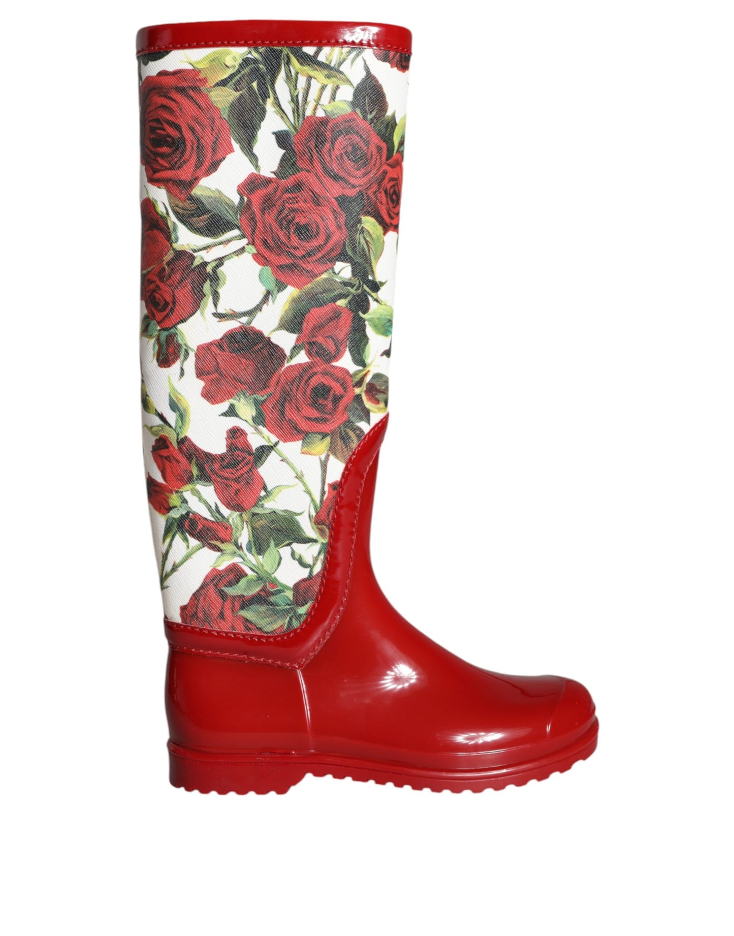 Dolce & Gabbana Red Floral Rubber Knee High Flat Boots Shoes Dolce & Gabbana