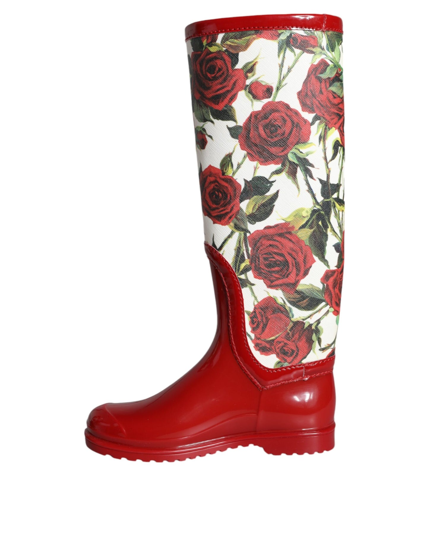 Dolce & Gabbana Red Floral Rubber Knee High Flat Boots Shoes Dolce & Gabbana