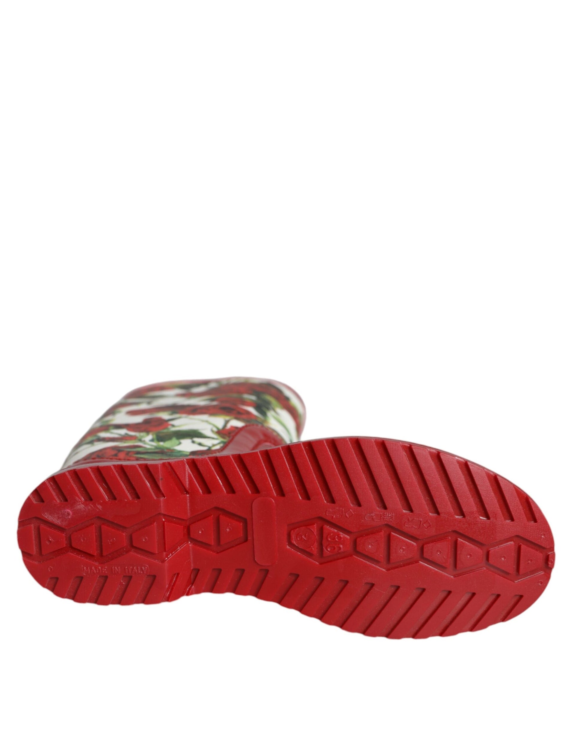 Dolce & Gabbana Red Floral Rubber Knee High Flat Boots Shoes Dolce & Gabbana