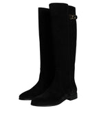 Dolce & Gabbana Black Suede Leather Knee High Boots Shoes - Eljoys Fashion 