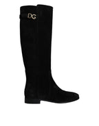 Dolce & Gabbana Black Suede Leather Knee High Boots Shoes - Eljoys Fashion 