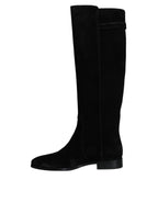 Dolce & Gabbana Black Suede Leather Knee High Boots Shoes - Eljoys Fashion 
