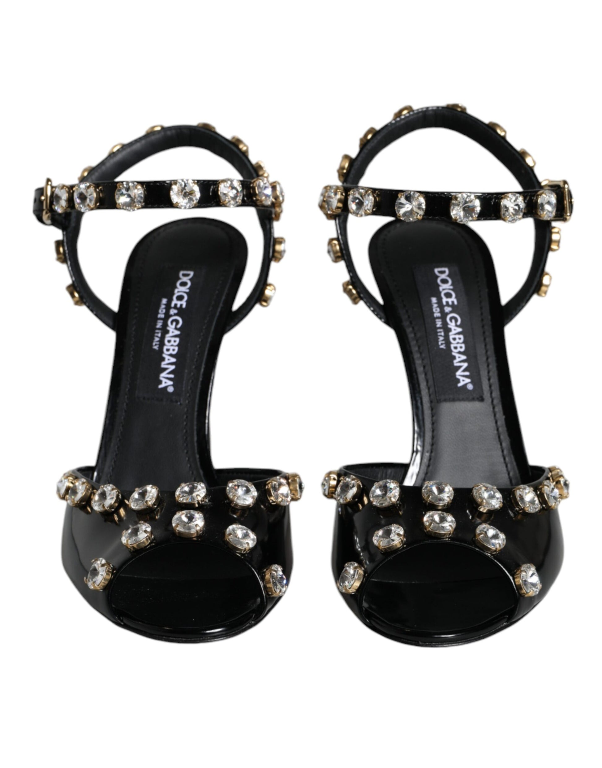 Dolce & Gabbana Black Leather Crystal Ankle Strap Sandals Shoes Dolce & Gabbana