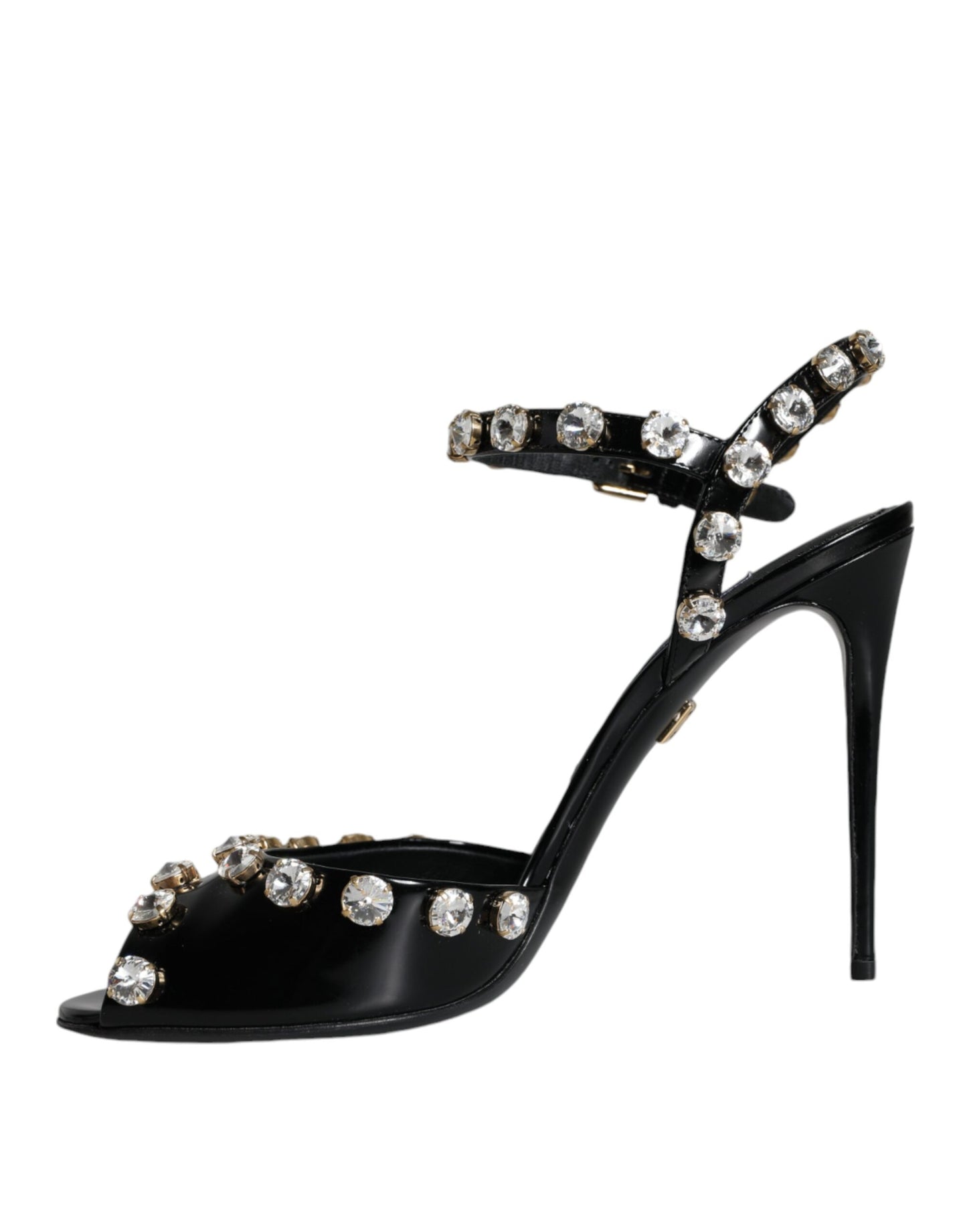 Dolce & Gabbana Black Leather Crystal Ankle Strap Sandals Shoes Dolce & Gabbana