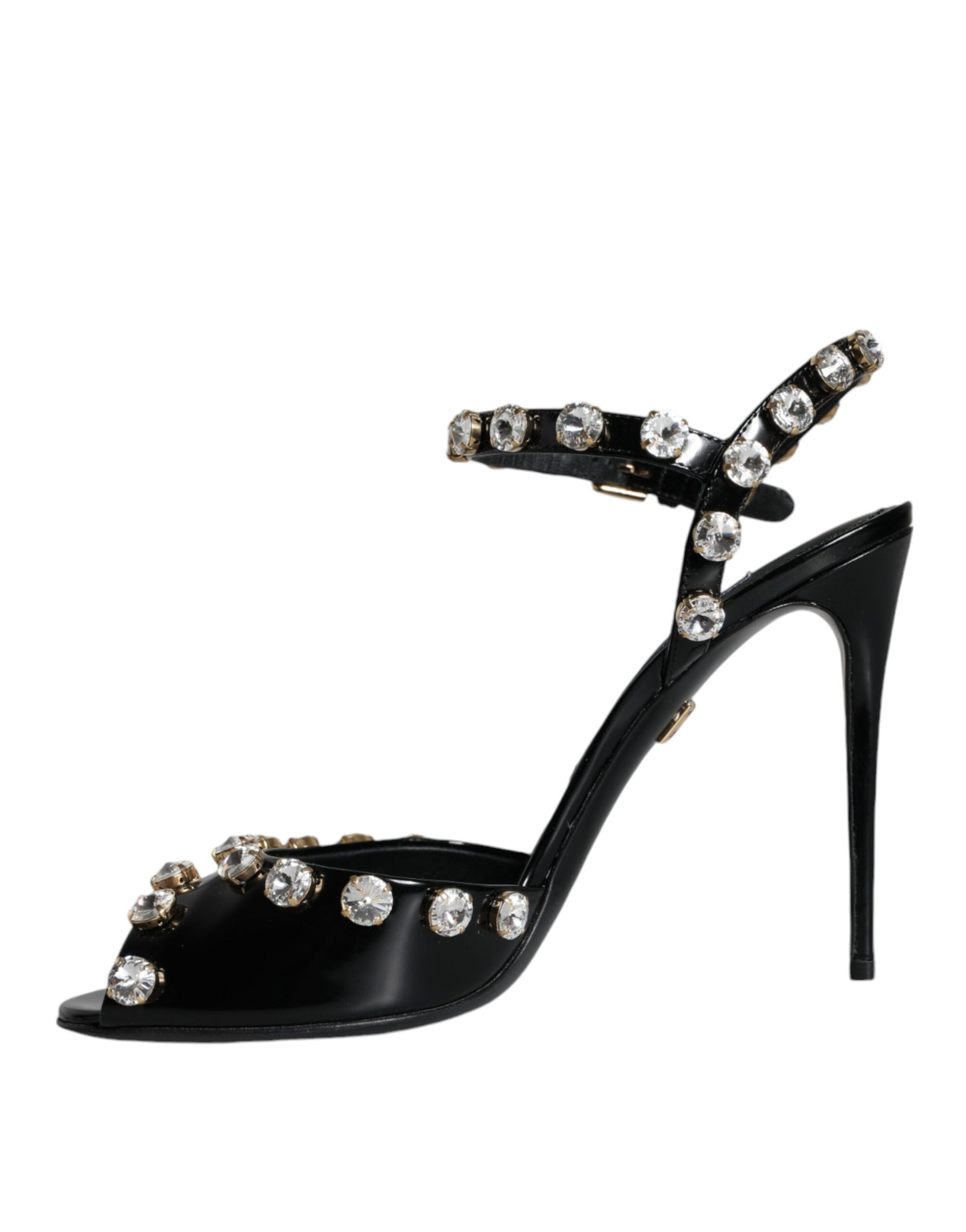 Dolce & Gabbana Black Leather Crystal Ankle Strap Sandals Shoes Dolce & Gabbana
