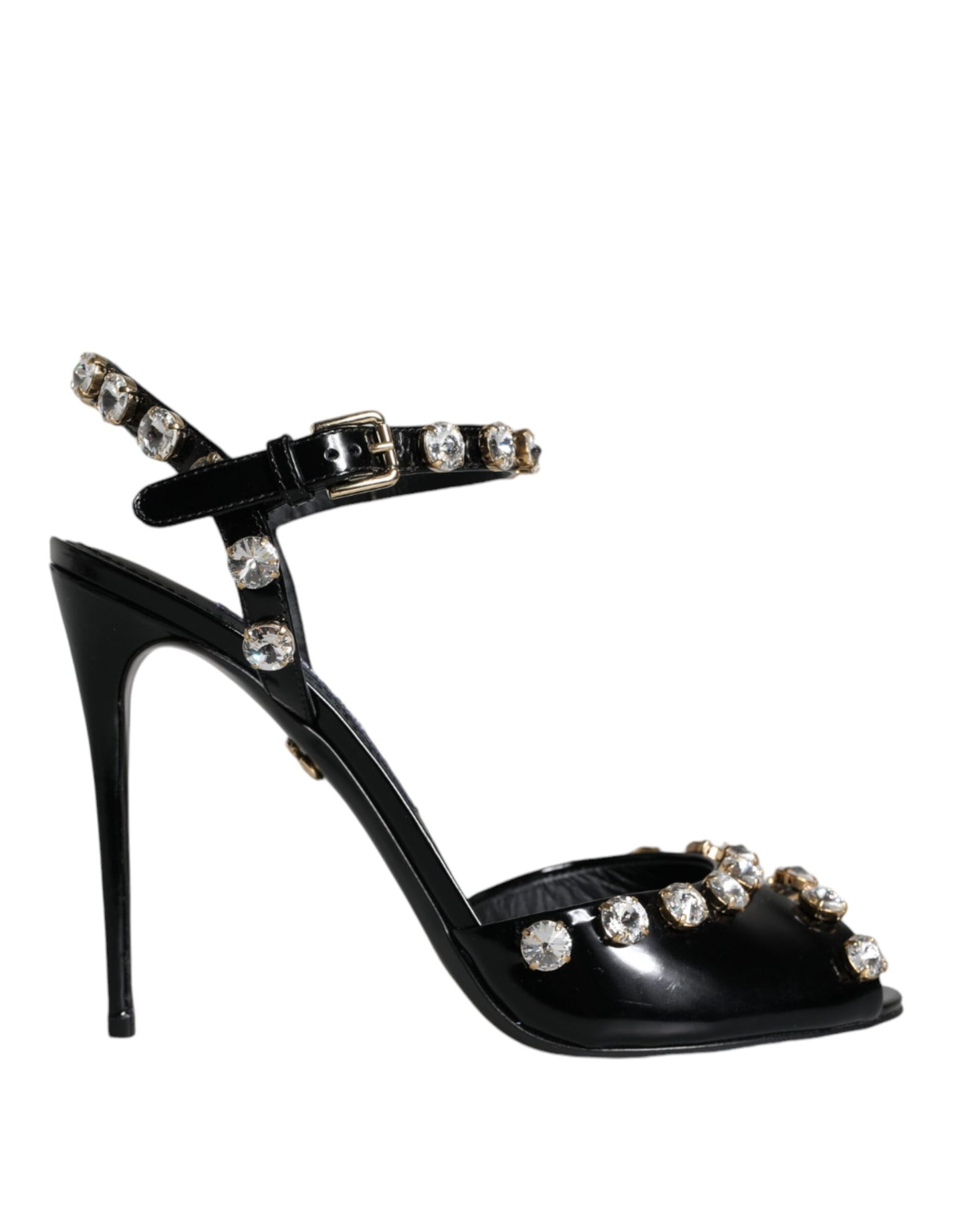 Dolce & Gabbana Black Leather Crystal Ankle Strap Sandals Shoes Dolce & Gabbana