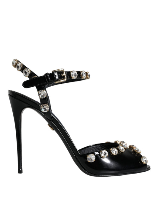 Dolce & Gabbana Black Leather Crystal Ankle Strap Sandals Shoes Dolce & Gabbana