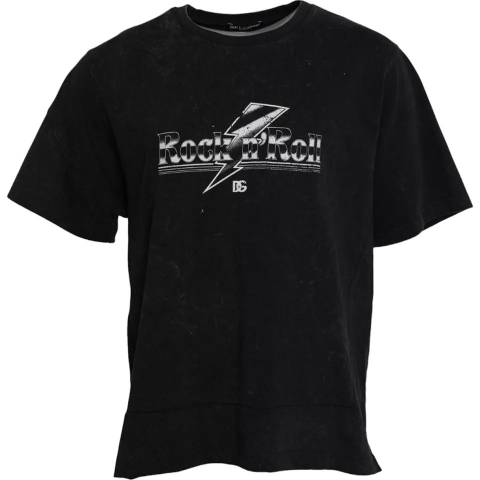 Black cotton crew neck T-shirt with bold graphic print from Dolce & Gabbana, featuring a stylish and contemporary design.