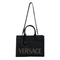 Versace Black Top Handle Canvas Leather Logo Crossbody Tote Bag