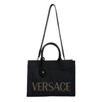 Versace Black Top Handle Canvas Leather Logo Crossbody Tote Bag