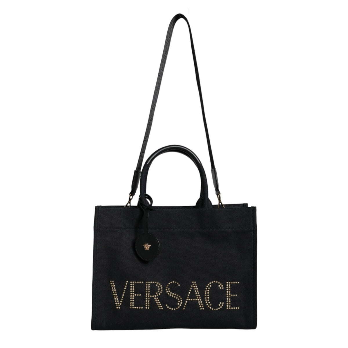 Versace Black Top Handle Canvas Leather Logo Crossbody Tote Bag