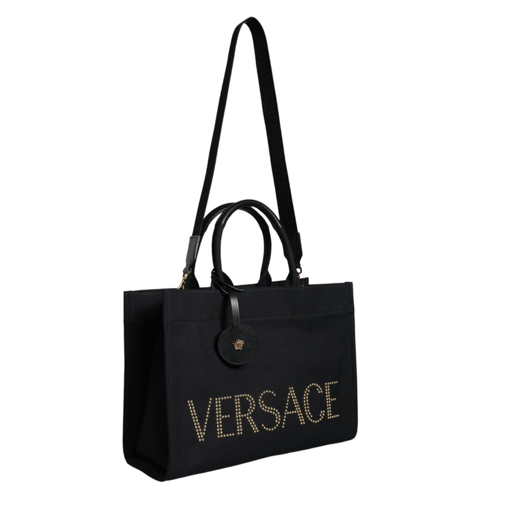 Versace Black Top Handle Canvas Leather Logo Crossbody Tote Bag