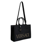 Versace Black Top Handle Canvas Leather Logo Crossbody Tote Bag