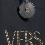 Versace Black Top Handle Canvas Leather Logo Crossbody Tote Bag