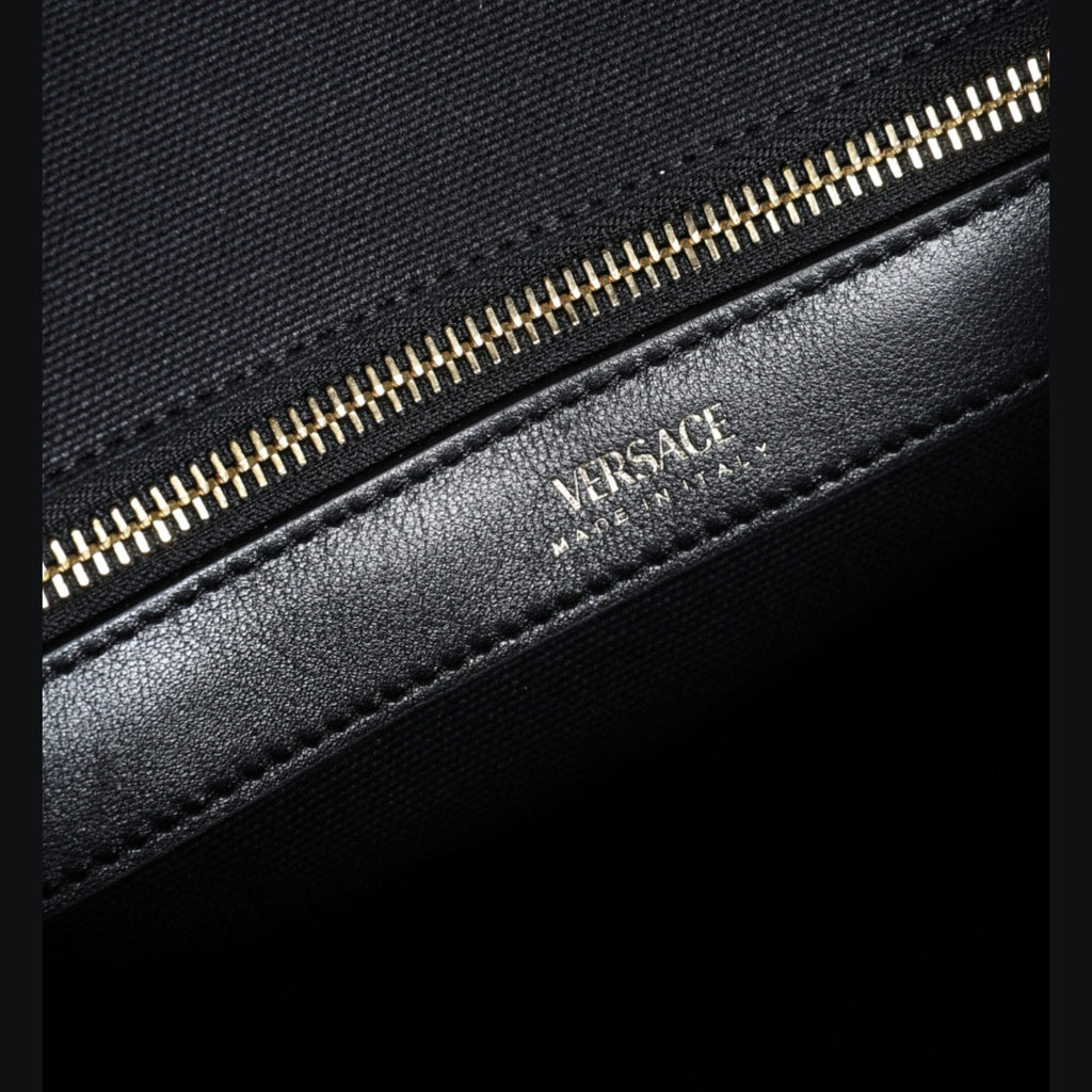 Versace Black Top Handle Canvas Leather Logo Crossbody Tote Bag
