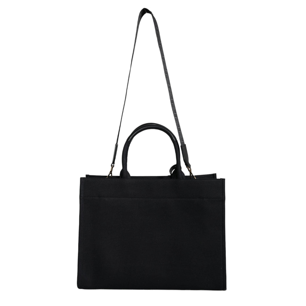 Versace Black Top Handle Canvas Leather Logo Crossbody Tote Bag