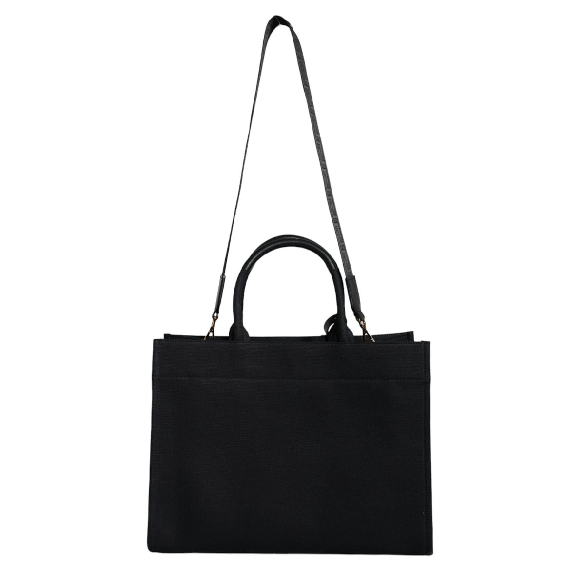 Versace Black Top Handle Canvas Leather Logo Crossbody Tote Bag