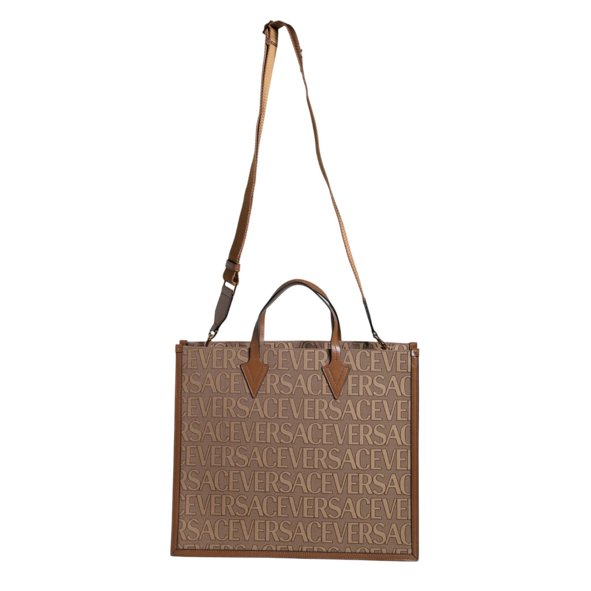Versace Brown Top Handle Jacquard Leather Logo Crossbody Tote Bag Versace