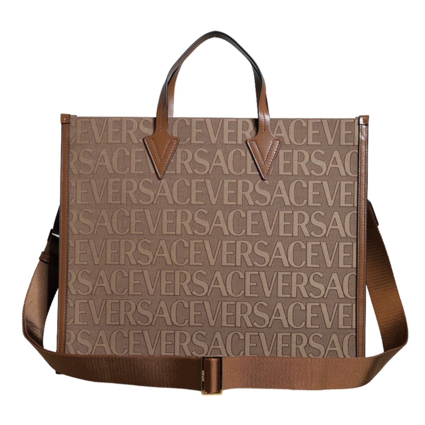 Versace Brown Top Handle Jacquard Leather Logo Crossbody Tote Bag Versace