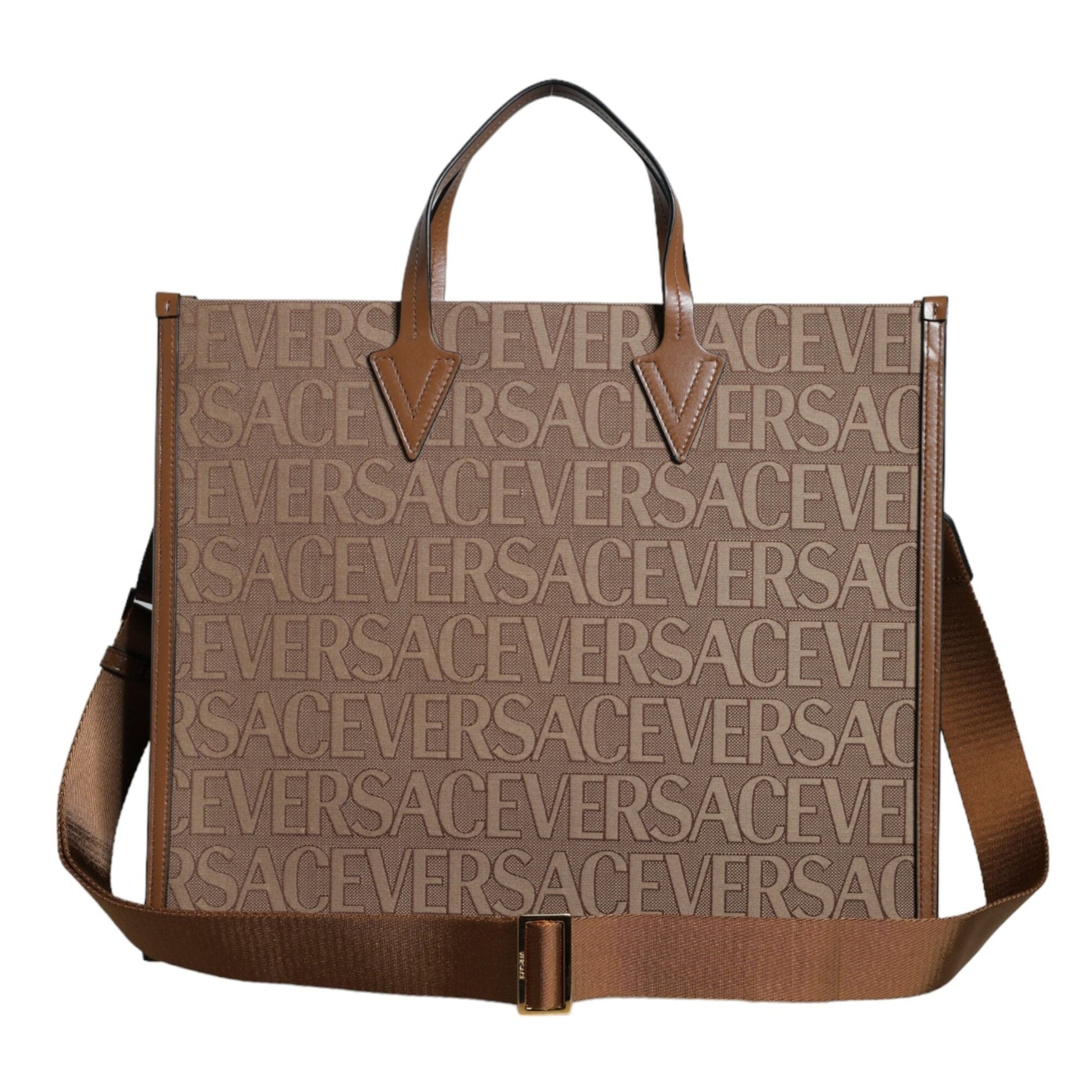 Versace Brown Top Handle Jacquard Leather Logo Crossbody Tote Bag Versace
