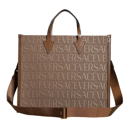 Versace Brown Top Handle Jacquard Leather Logo Crossbody Tote Bag Versace