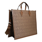 Versace Brown Top Handle Jacquard Leather Logo Crossbody Tote Bag Versace
