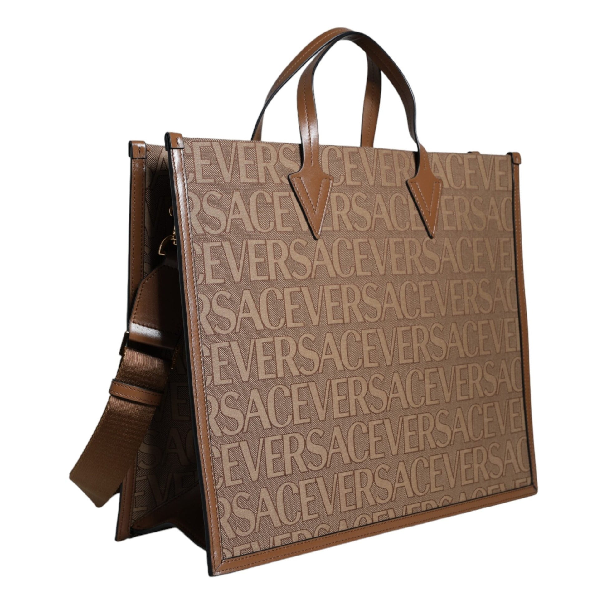 Versace Brown Top Handle Jacquard Leather Logo Crossbody Tote Bag Versace