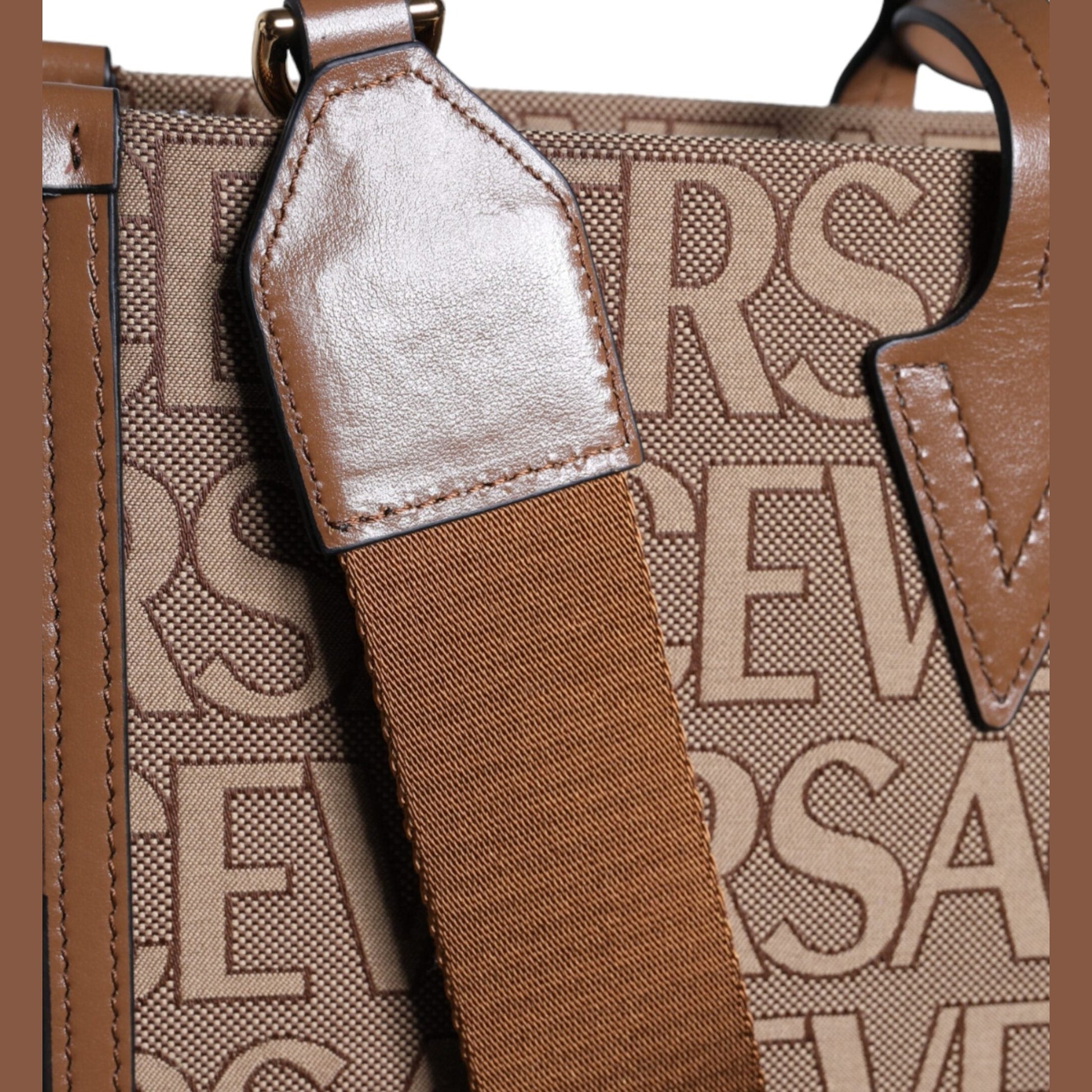 Versace Brown Top Handle Jacquard Leather Logo Crossbody Tote Bag Versace