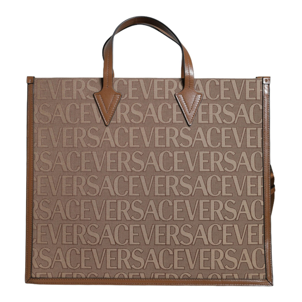 Versace Brown Top Handle Jacquard Leather Logo Crossbody Tote Bag Versace