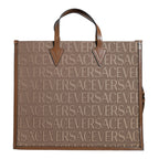 Versace Brown Top Handle Jacquard Leather Logo Crossbody Tote Bag Versace