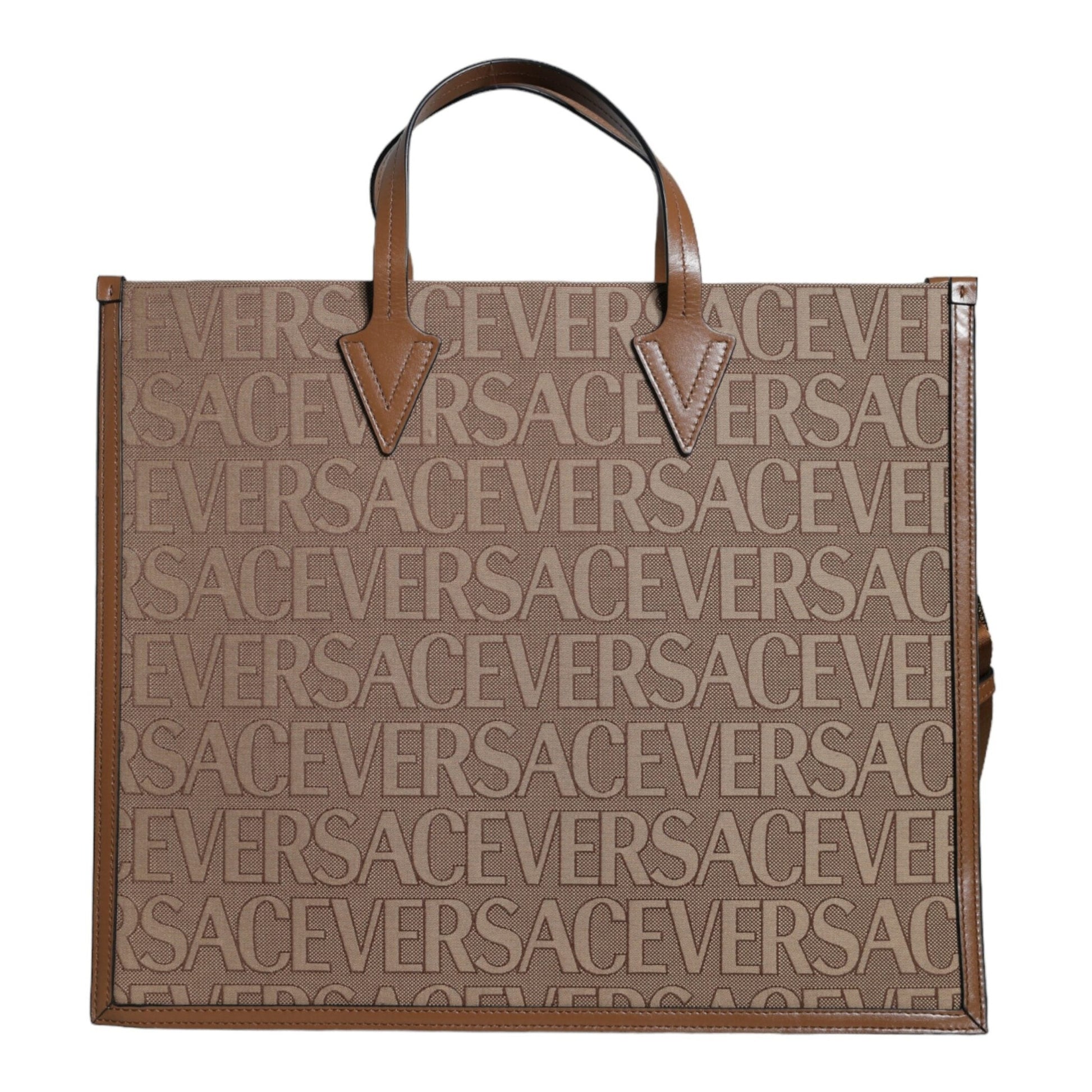Versace Brown Top Handle Jacquard Leather Logo Crossbody Tote Bag Versace