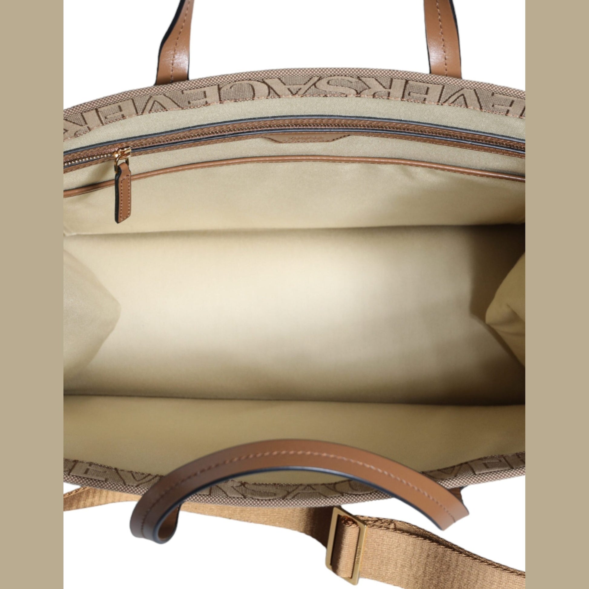 Versace Brown Top Handle Jacquard Leather Logo Crossbody Tote Bag Versace