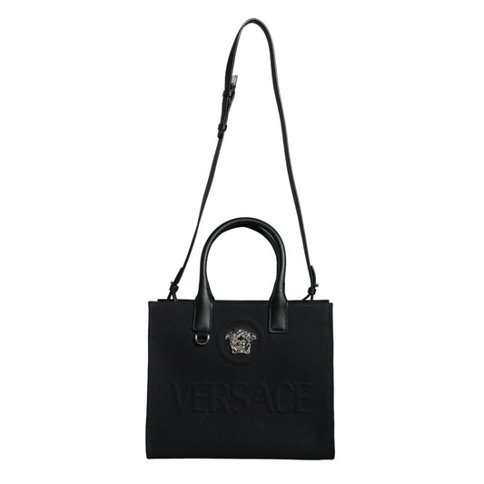 Versace Black Top Handle Canvas Leather Logo Crossbody Tote Bag Versace
