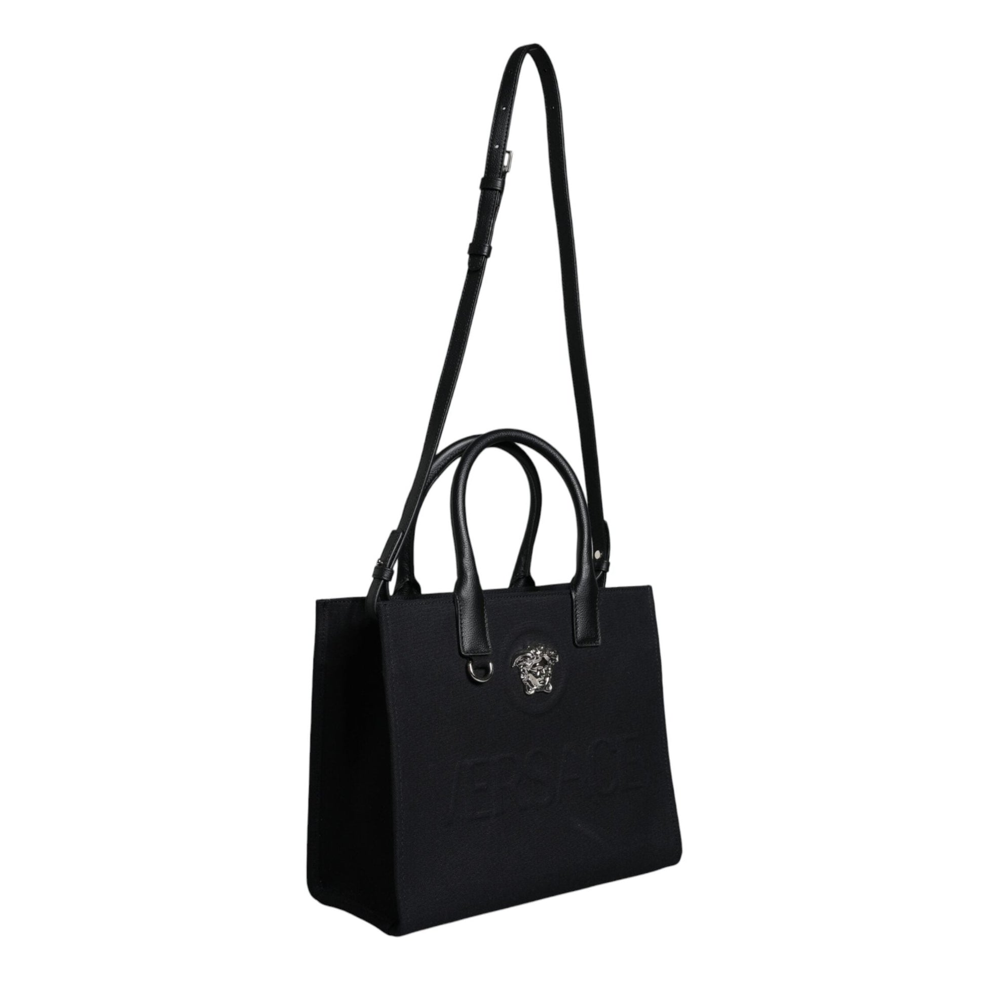 Versace Black Top Handle Canvas Leather Logo Crossbody Tote Bag Versace