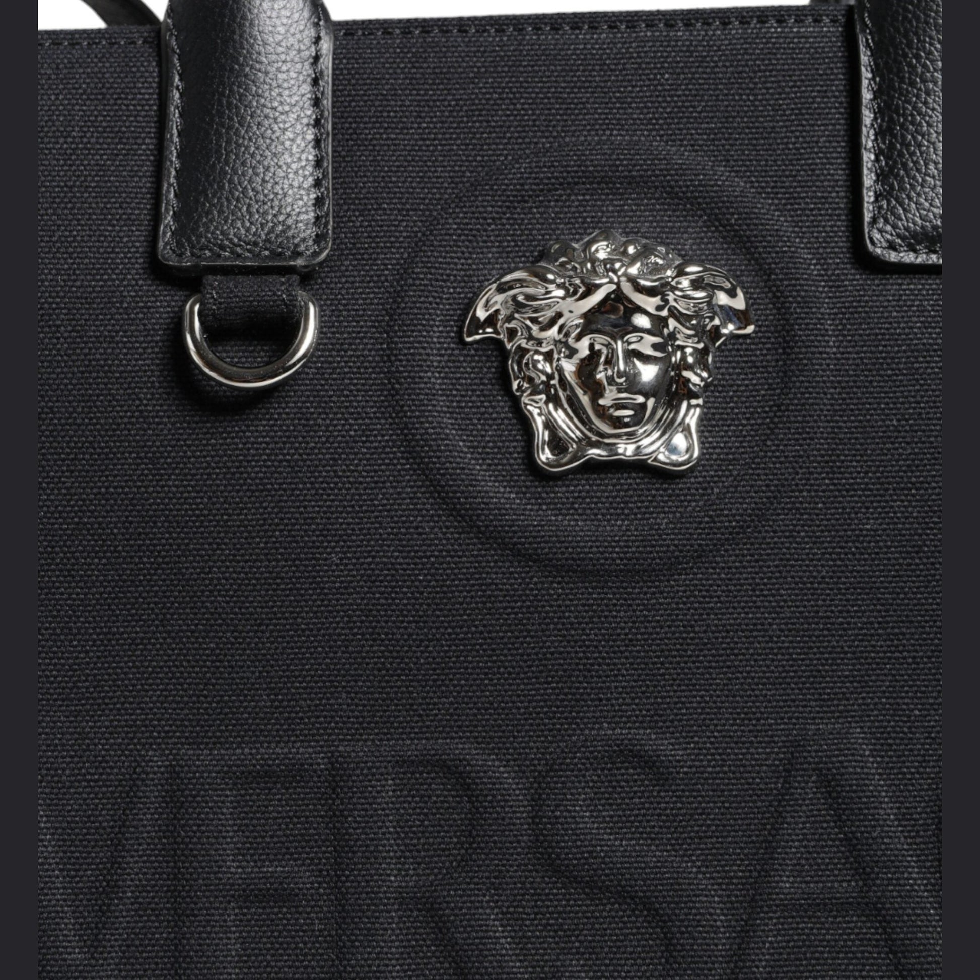 Versace Black Top Handle Canvas Leather Logo Crossbody Tote Bag Versace