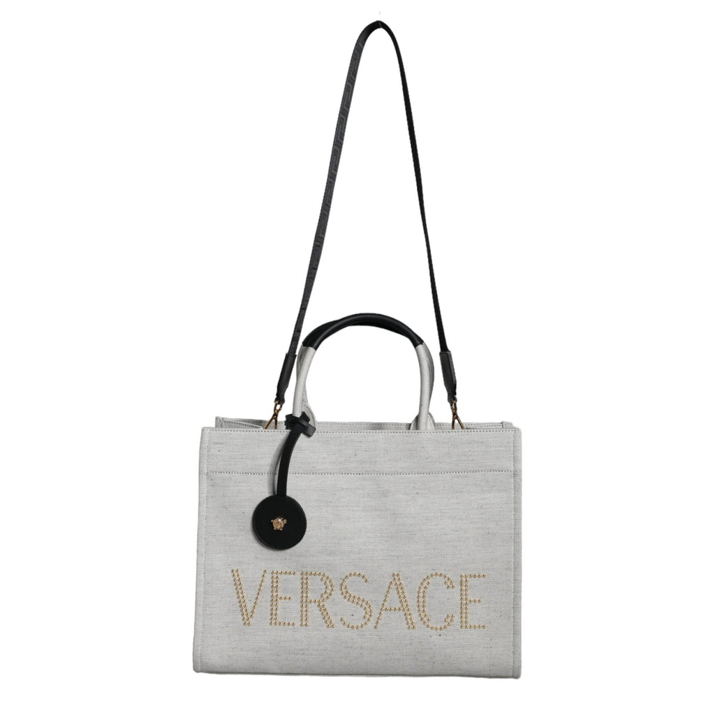 Versace White Top Handle Canvas Leather Logo Crossbody Tote Bag