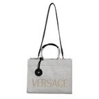 Versace White Top Handle Canvas Leather Logo Crossbody Tote Bag