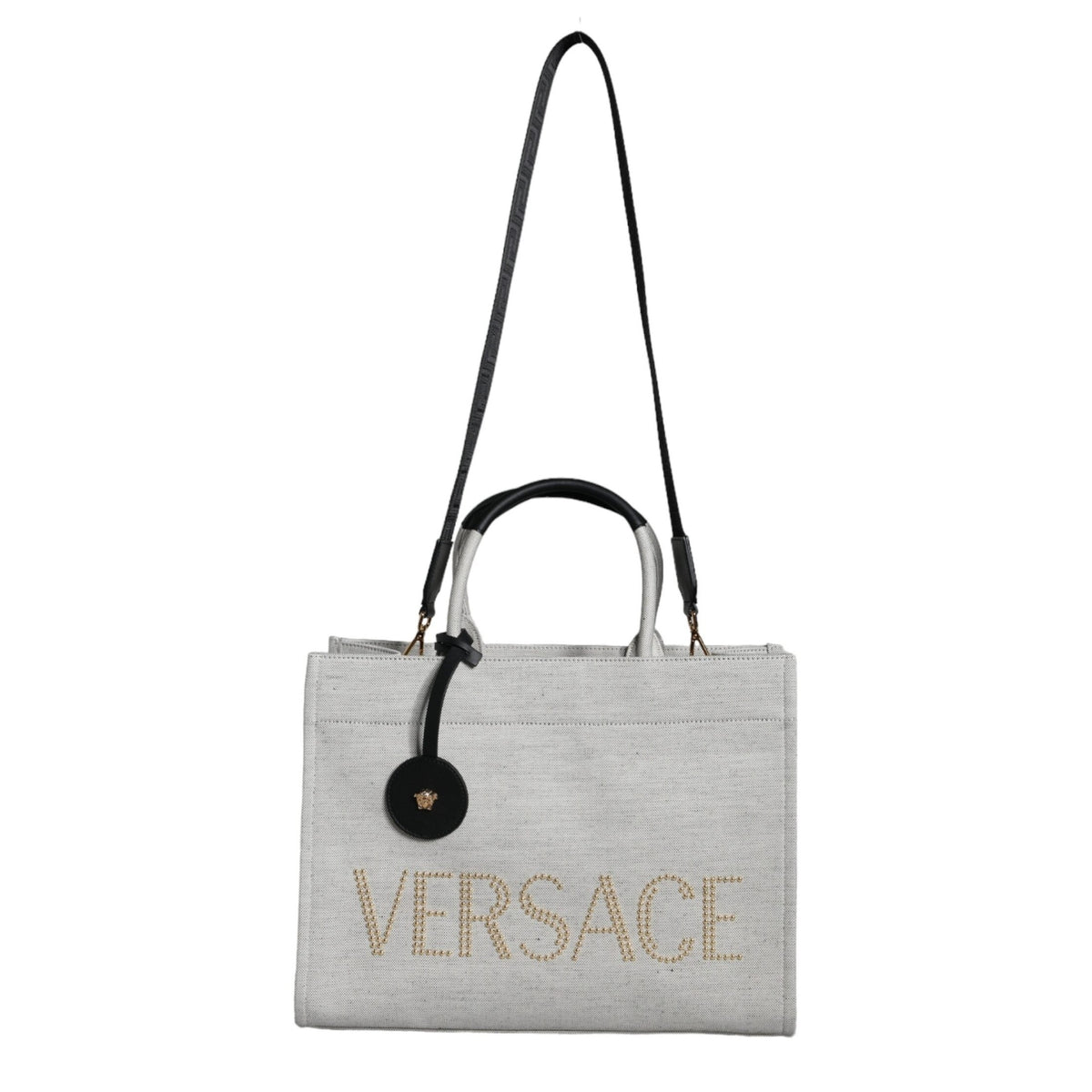 Versace White Top Handle Canvas Leather Logo Crossbody Tote Bag