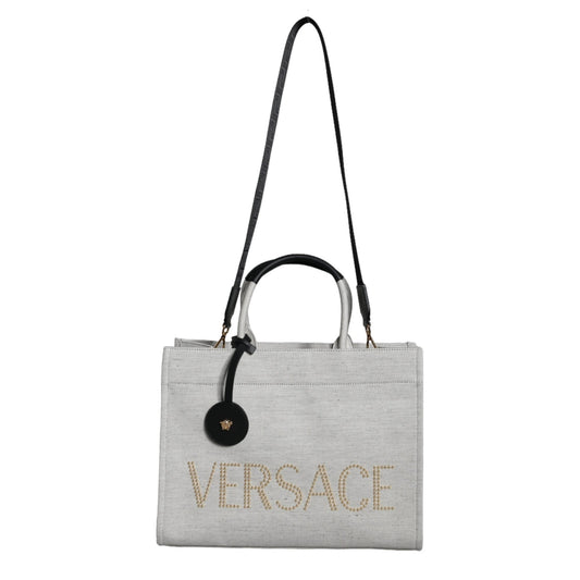 Versace White Top Handle Canvas Leather Logo Crossbody Tote Bag Versace