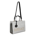 Versace White Top Handle Canvas Leather Logo Crossbody Tote Bag