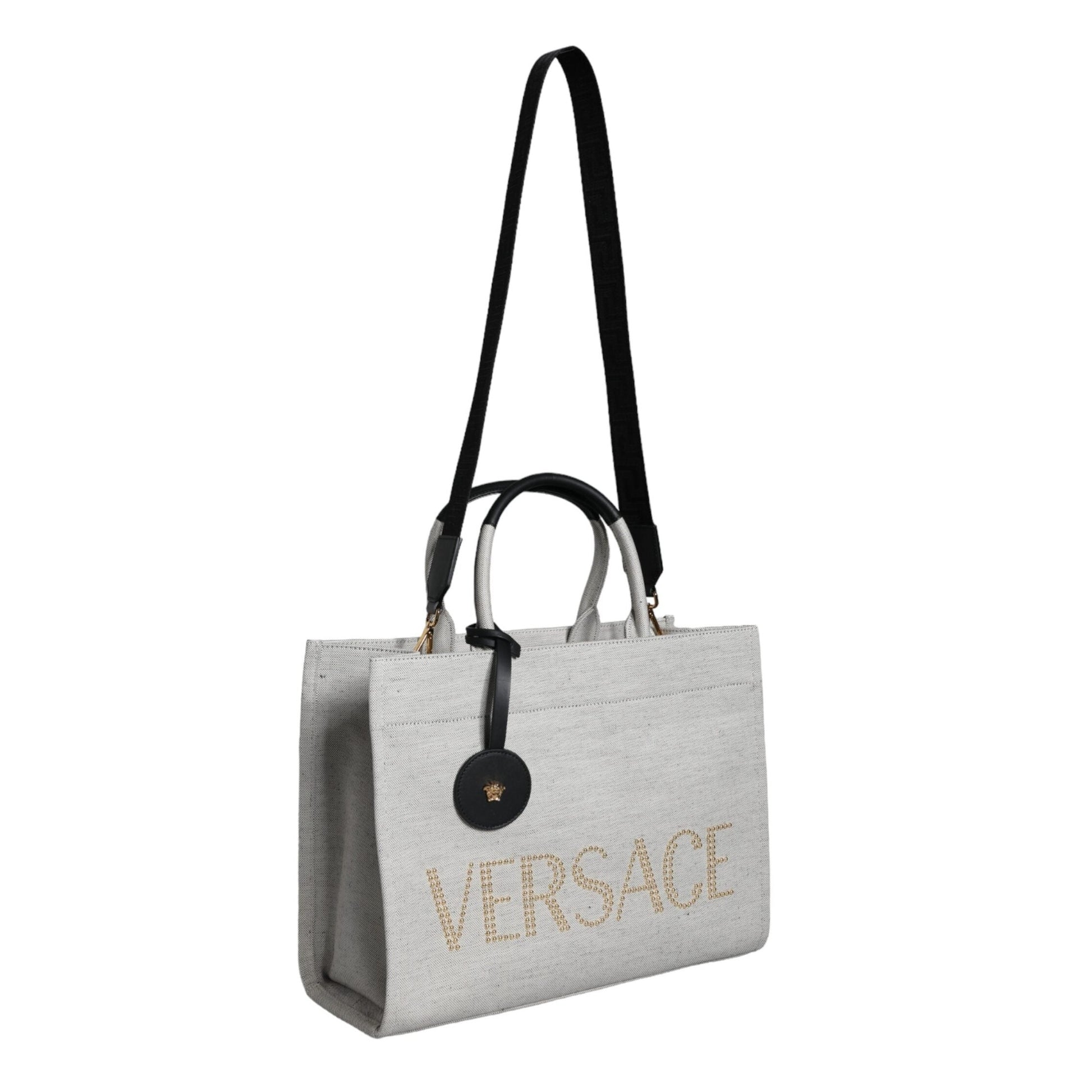 Versace White Top Handle Canvas Leather Logo Crossbody Tote Bag Versace