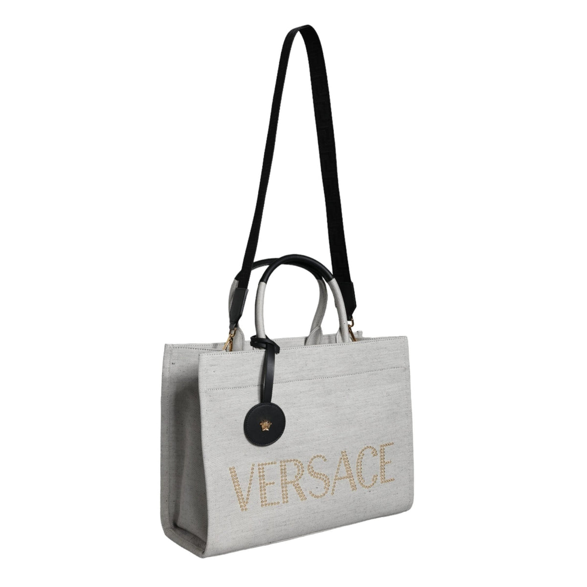 Versace White Top Handle Canvas Leather Logo Crossbody Tote Bag