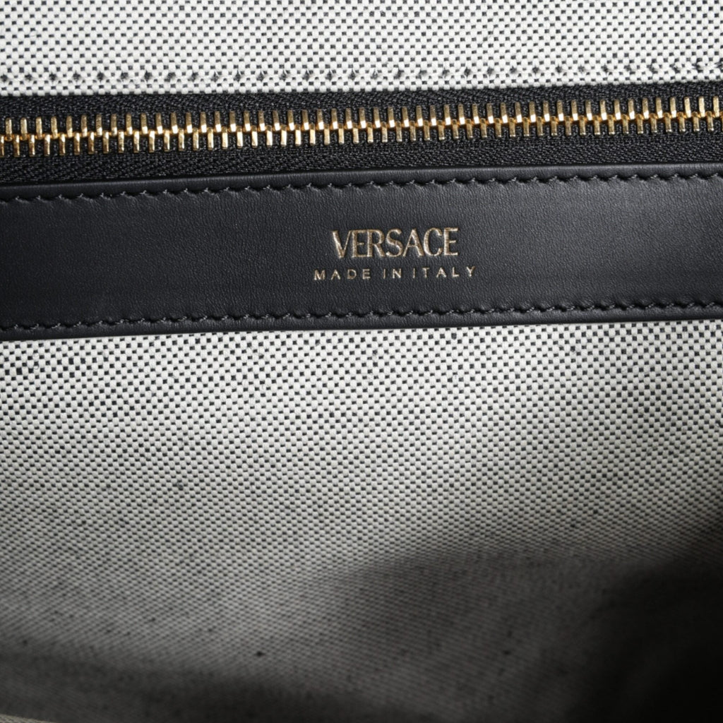 Versace White Top Handle Canvas Leather Logo Crossbody Tote Bag