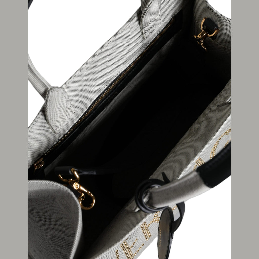 Versace White Top Handle Canvas Leather Logo Crossbody Tote Bag