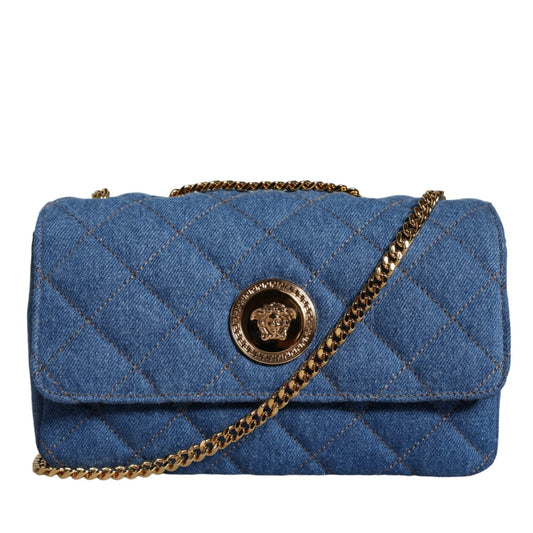 Versace Blue Quilted Denim Leather Crossbody Shoulder Bag Versace