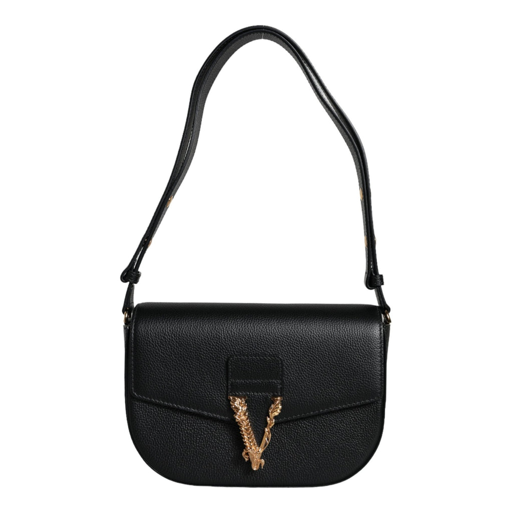 Versace Black Grainy Calf Leather Logo Crossbody Shoulder Bag