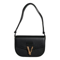 Versace Black Grainy Calf Leather Logo Crossbody Shoulder Bag