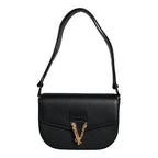 Versace Black Grainy Calf Leather Logo Crossbody Shoulder Bag